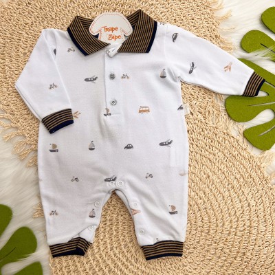 Macacão Curto com Manga Longa Piquet com Gola Polo Barquinhos - Off White e Marinho